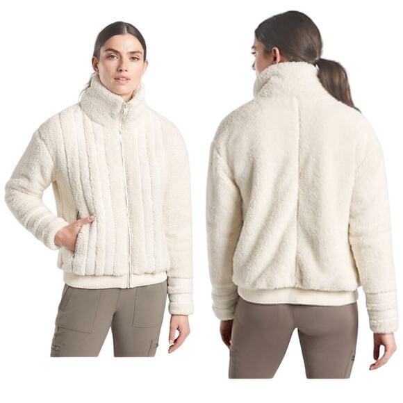Athleta Jacket Willow Fleece Sherpa Teddy Zip Front White Cream Ivory XL - Picture 1 of 8